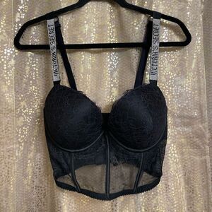 Victoria’s Secret Black Rhinestone Strap Pushup Corset Bra Top 34DD